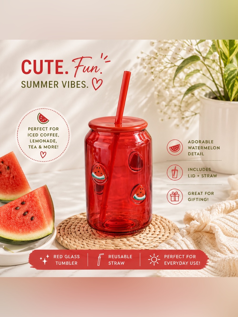 Watermelon Glass Tumbler w/ Lid & Straw 🍉 Summer Iced Coffee Cup Cute Aesthetic